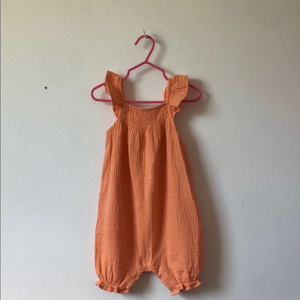 George Orange Cotton Summer Bubble Romper with Ruffle Straps